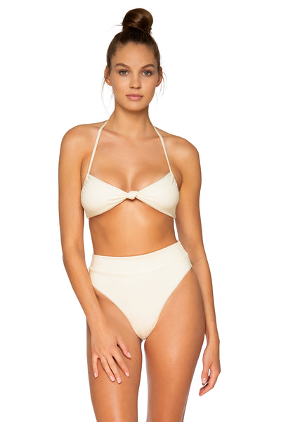 B. Swim Cove Hi-Waist Bikini Bottom for fuller bust women in moonlight cream color.