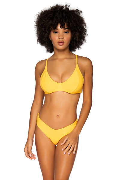 Swim Systems Maya underwire bikini top in sunshine for women with fuller busts in size d and dd bra cup sizing. In an eco friendly fabric.