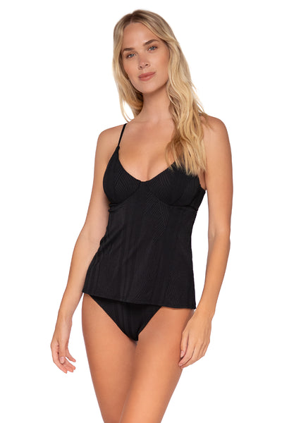 Swim Systems Nora Underwire Ribbed Tankini in shadow with bra cup sizing from C cups to D cups and DD cups for fuller bust women in an eco friendly fabric